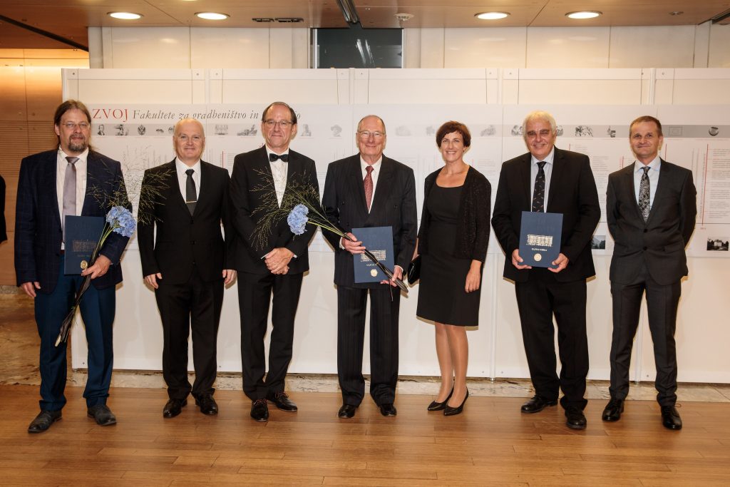 Representatives of the Chair with the recipients of Golden Plaques (doc. Gerhard Navratil, doc. Marjan Čeh, doc. Samo Drobne, prof. Erik Stubkjær, assoc. prof. Anka Lisec, prof. Uwe Stilla, prof. Krištof Oštir).