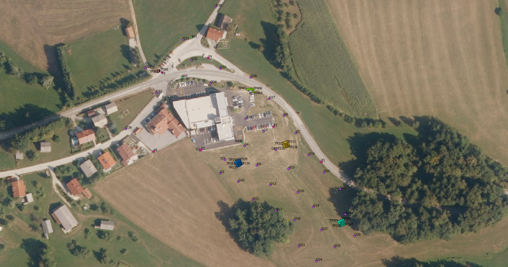 The study area of Kandrše with the network of ground points and test fields.