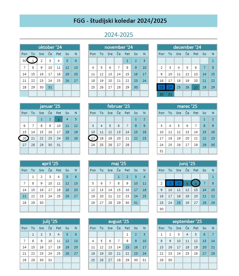 Study calendar for the 2024/2025 study year.