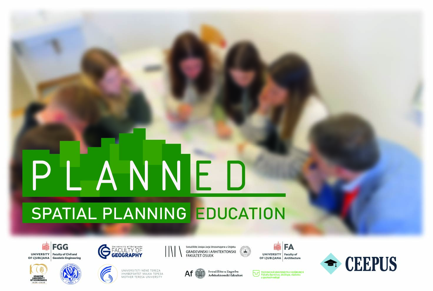 Logo of the CEEPUS PlannEd network, students behind a table in the background.